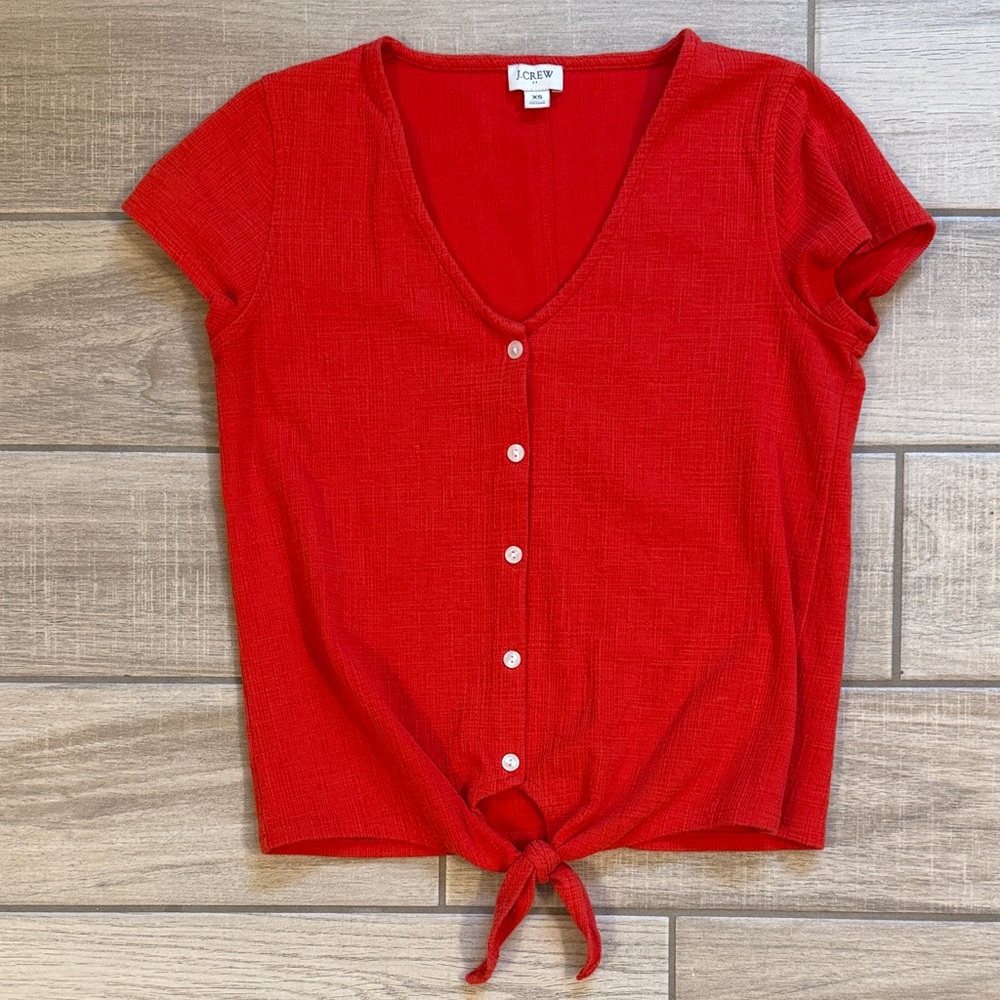 J. Crew Vivid Red Button-Down Tie-Front Top